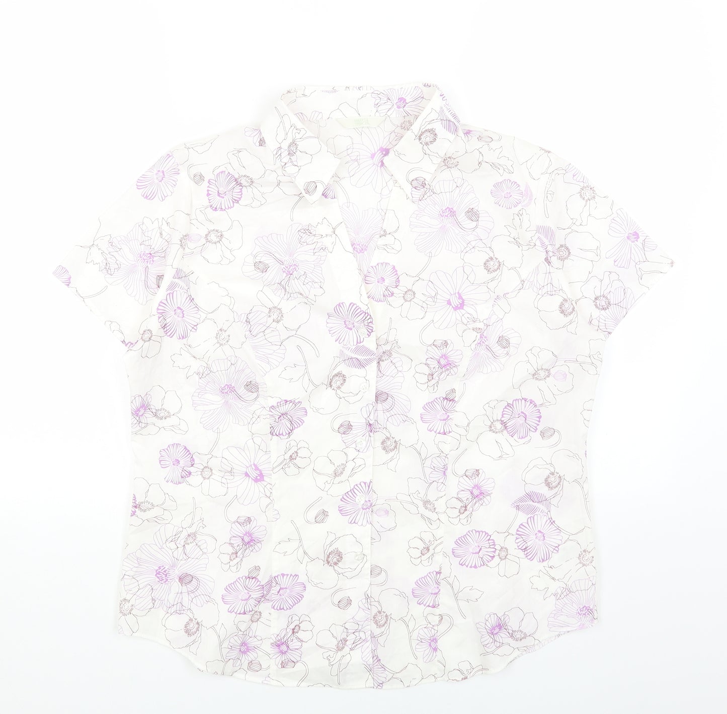 Marks and Spencer Womens White Geometric Cotton Basic Button-Up Size 18 V-Neck