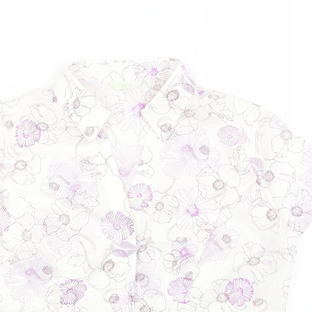 Marks and Spencer Womens White Geometric Cotton Basic Button-Up Size 18 V-Neck