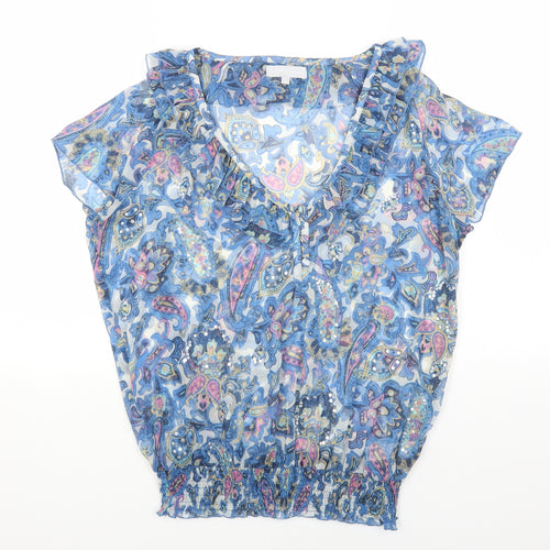 Red Herring Womens Blue Geometric Polyester Basic Blouse Size 12 V-Neck - Shirred waistline