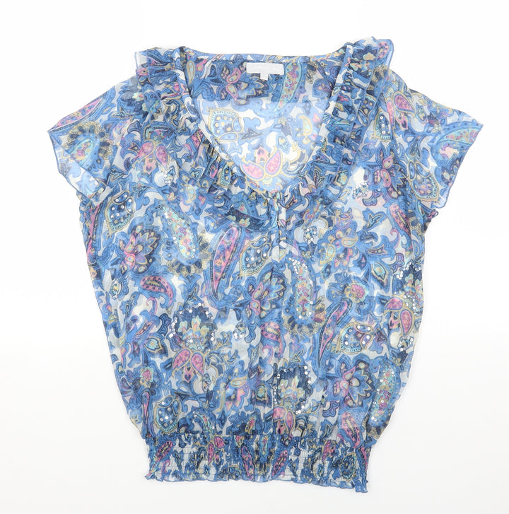 Red Herring Womens Blue Geometric Polyester Basic Blouse Size 12 V-Neck - Shirred waistline