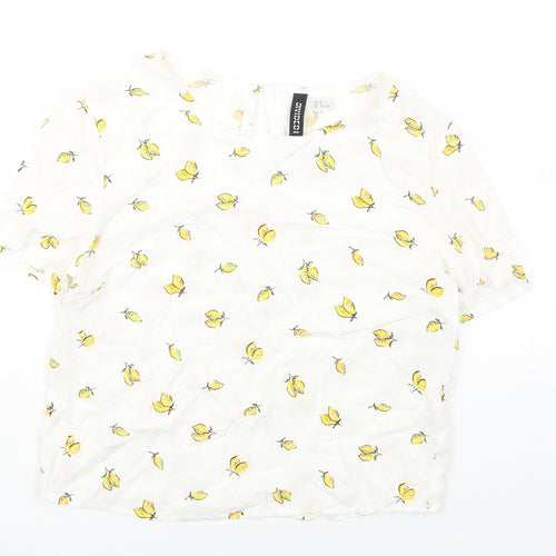 H&M Womens White Geometric Viscose Basic T-Shirt Size 4 Round Neck