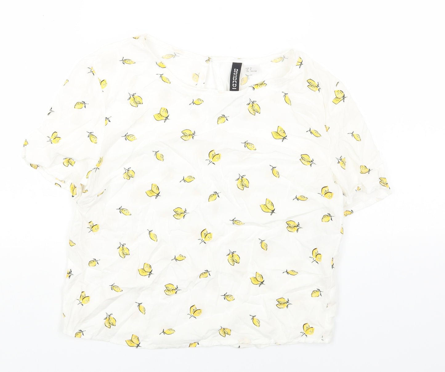 H&M Womens White Geometric Viscose Basic T-Shirt Size 4 Round Neck