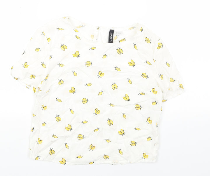 H&M Womens White Geometric Viscose Basic T-Shirt Size 4 Round Neck
