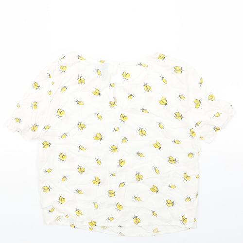 H&M Womens White Geometric Viscose Basic T-Shirt Size 4 Round Neck