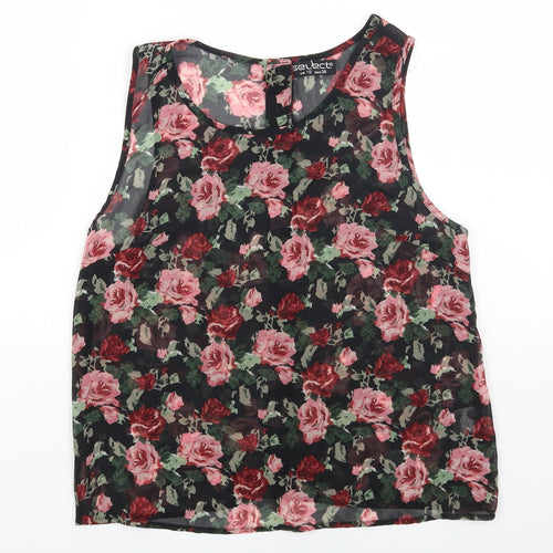 Select Womens Black Floral Polyester Basic Tank Size 10 Round Neck