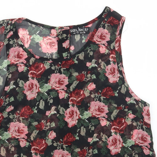 Select Womens Black Floral Polyester Basic Tank Size 10 Round Neck