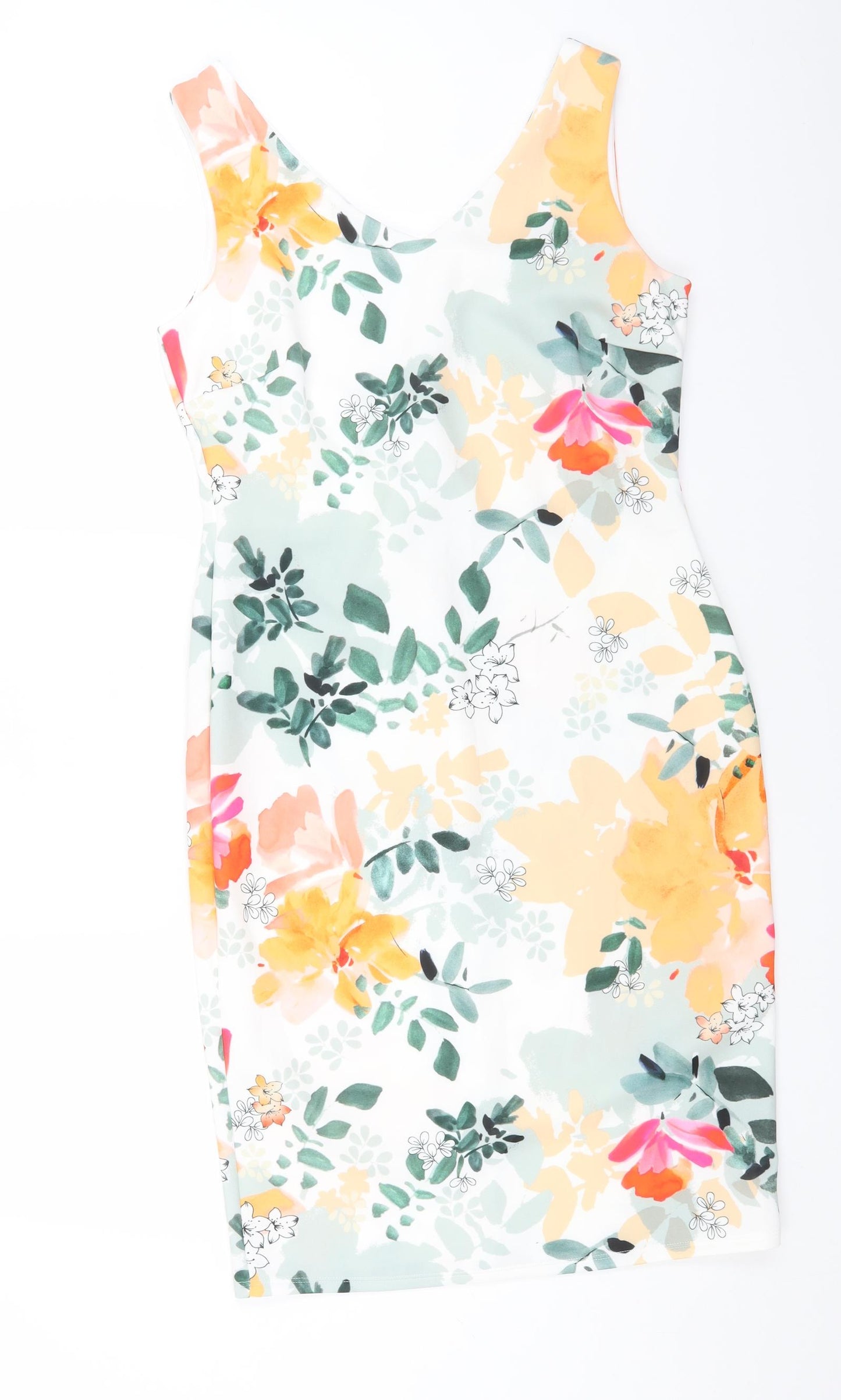 Marks and Spencer Womens White Floral Polyester Pencil Dress Size 12 V-Neck Pullover