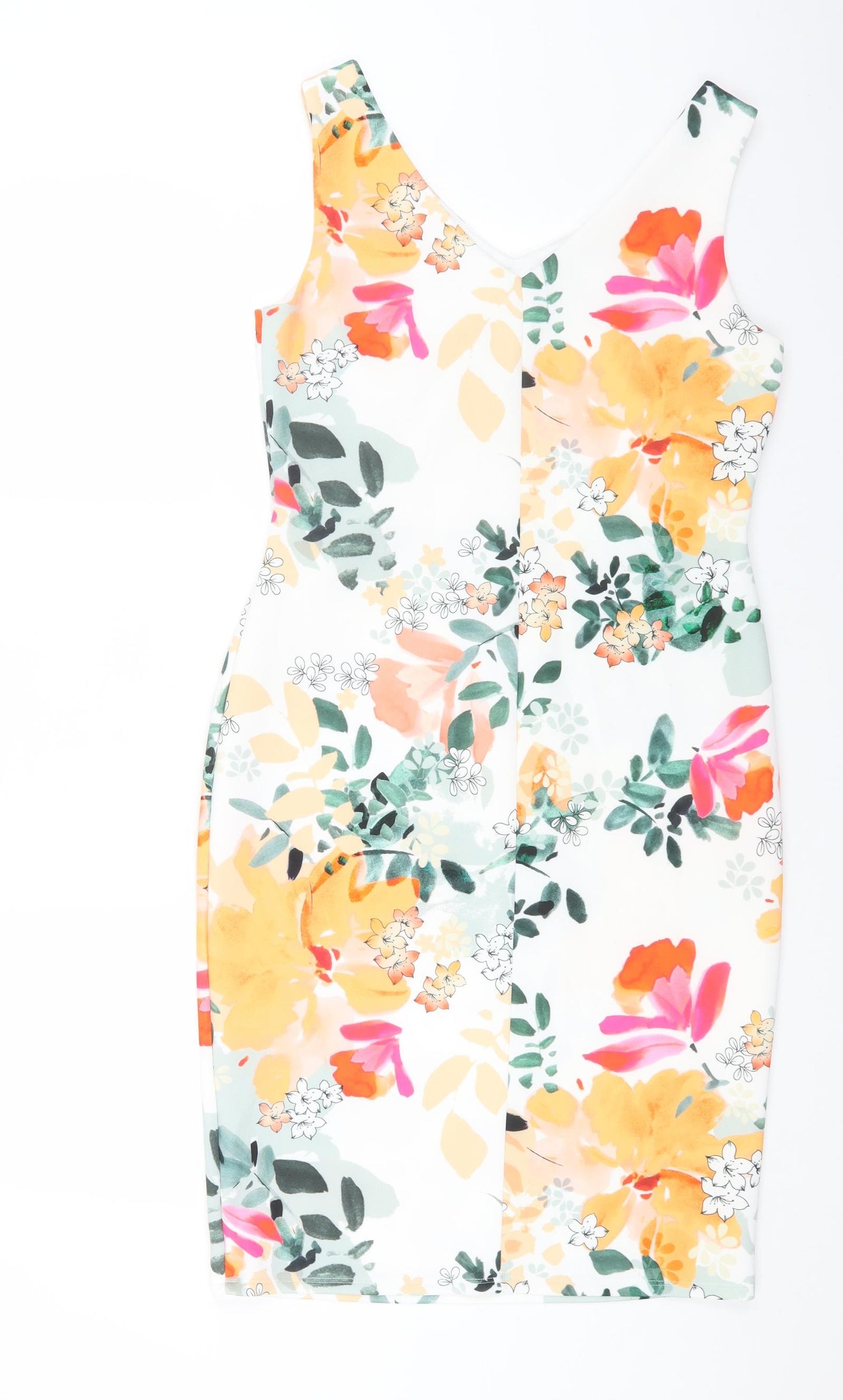 Marks and Spencer Womens White Floral Polyester Pencil Dress Size 12 V-Neck Pullover