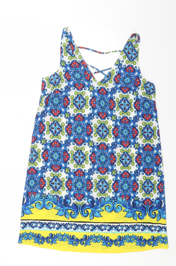 Papaya Womens Blue Geometric Polyester Shift Size 12 V-Neck Pullover