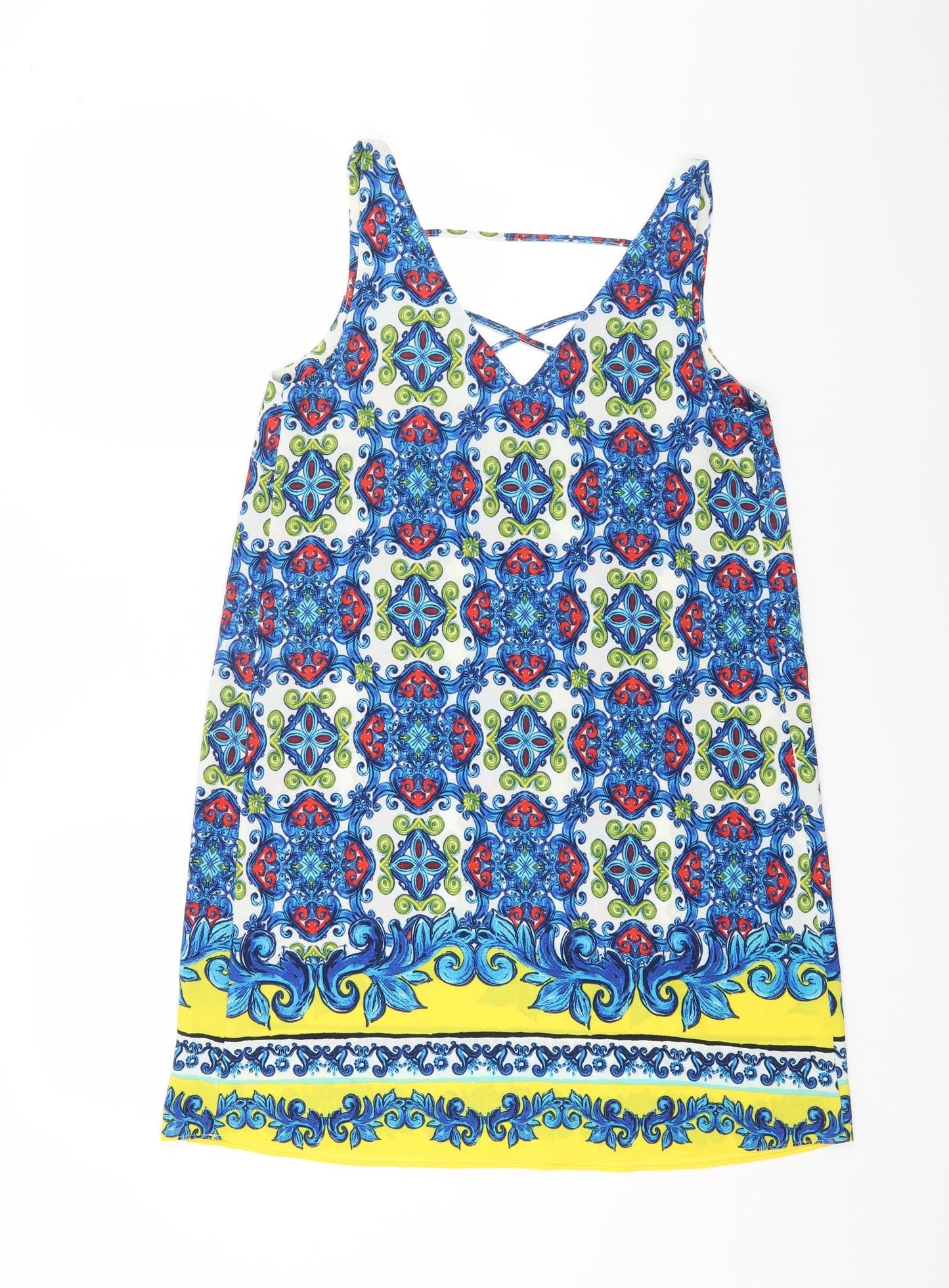 Papaya Womens Blue Geometric Polyester Shift Size 12 V-Neck Pullover