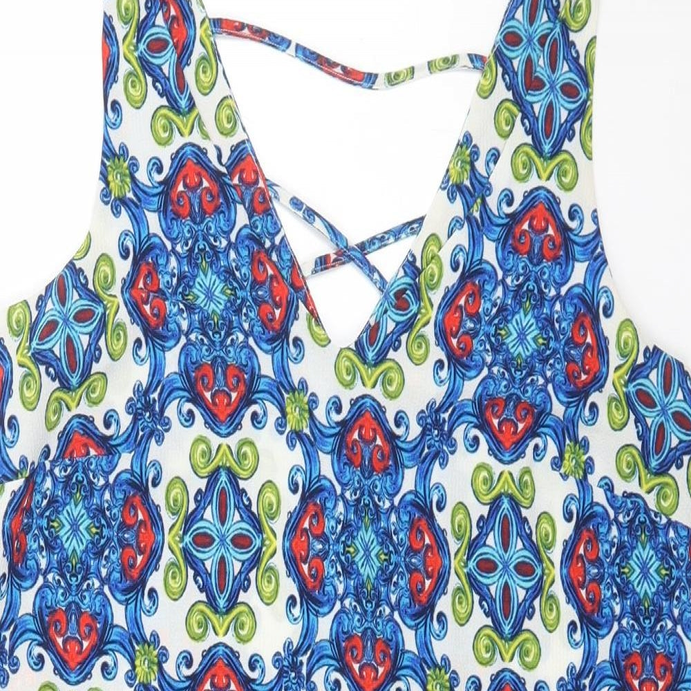 Papaya Womens Blue Geometric Polyester Shift Size 12 V-Neck Pullover