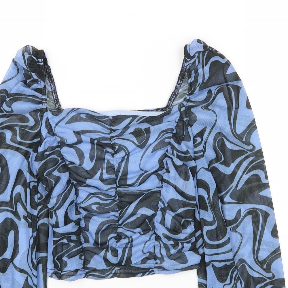 Quiz Womens Blue Geometric Polyester Cropped Blouse Size 10 Square Neck