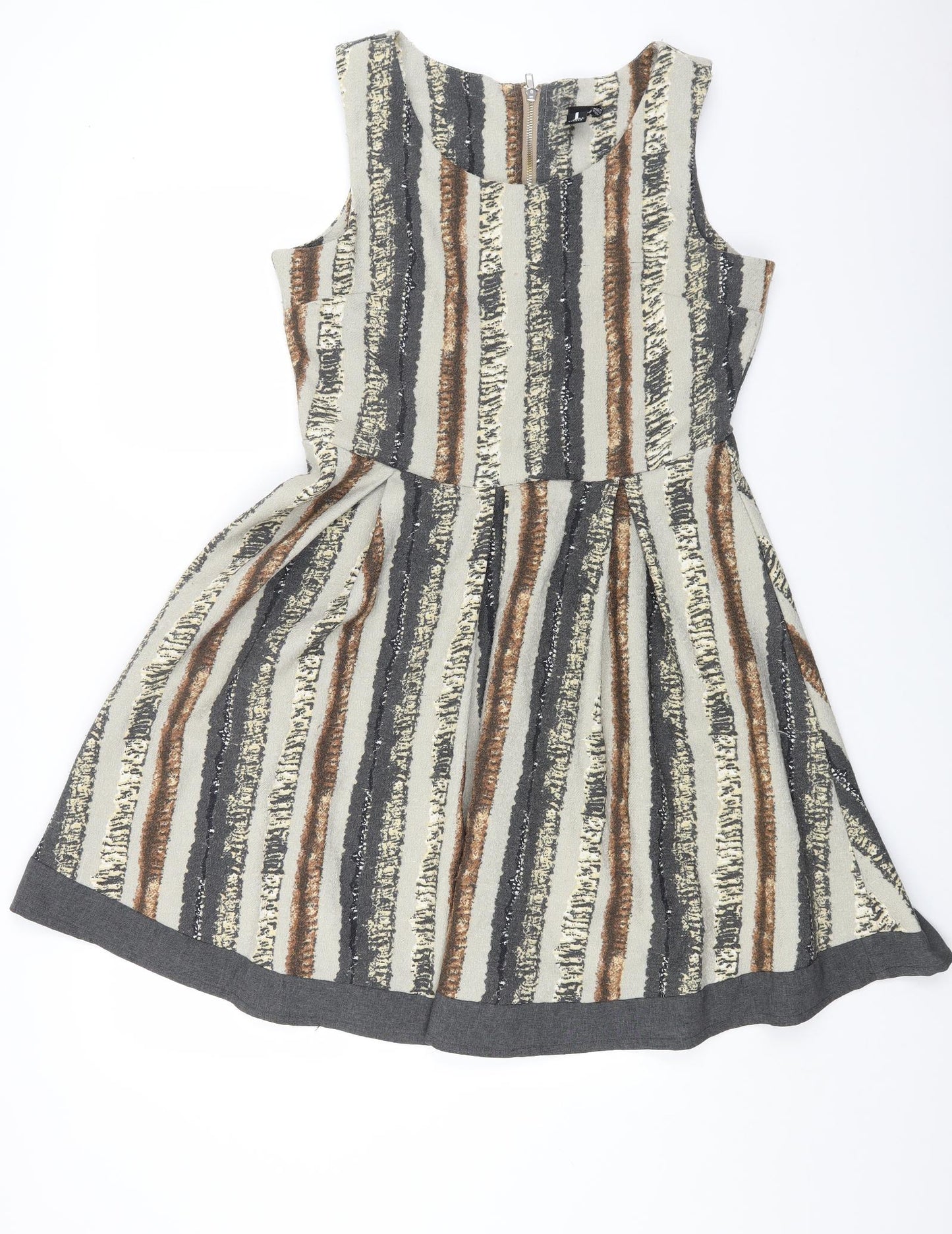 Izabel London Womens Grey Geometric Viscose Skater Dress Size 14 Scoop Neck Zip