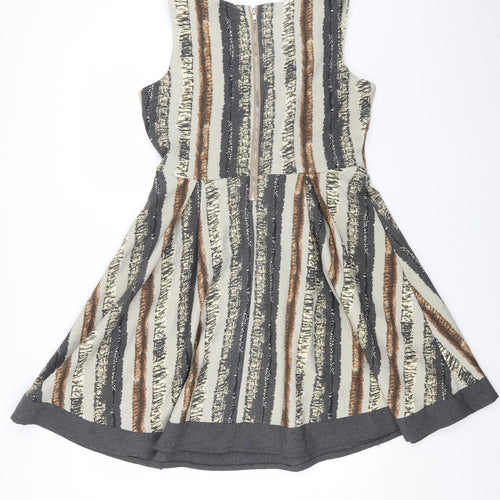 Izabel London Womens Grey Geometric Viscose Skater Dress Size 14 Scoop Neck Zip