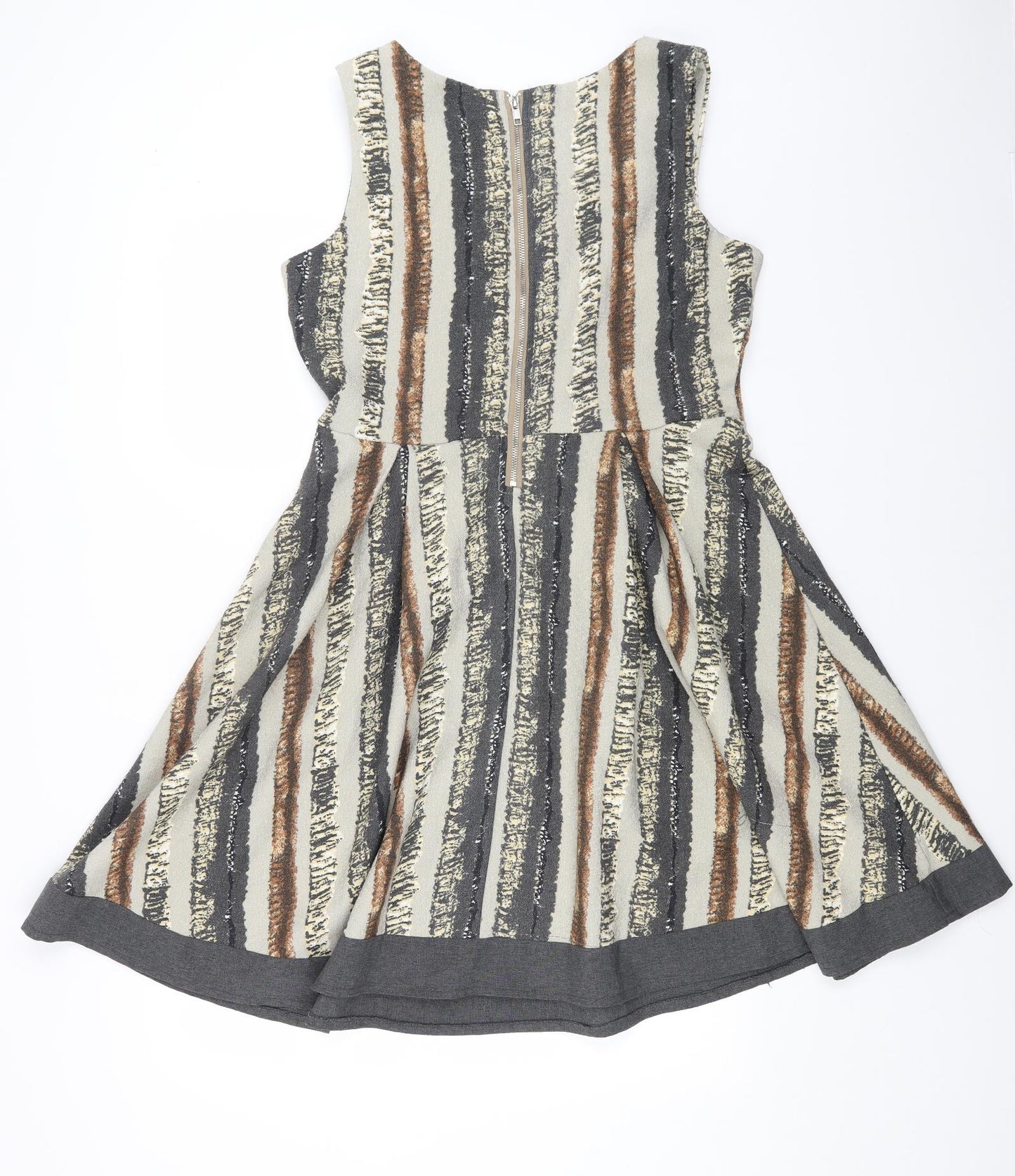 Izabel London Womens Grey Geometric Viscose Skater Dress Size 14 Scoop Neck Zip