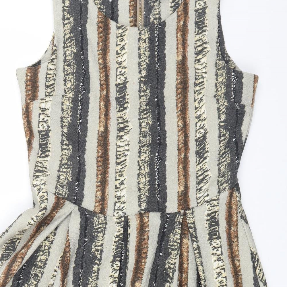 Izabel London Womens Grey Geometric Viscose Skater Dress Size 14 Scoop Neck Zip