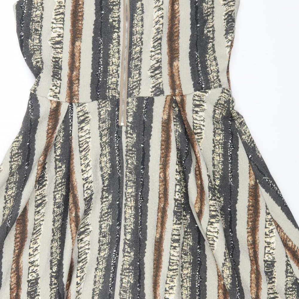 Izabel London Womens Grey Geometric Viscose Skater Dress Size 14 Scoop Neck Zip