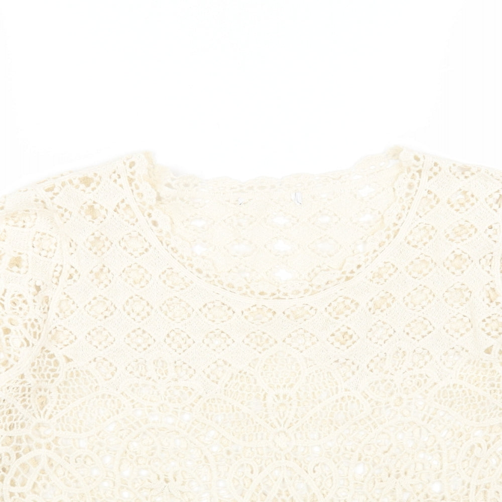 Preworn Womens Beige Geometric Cotton Basic T-Shirt Size 12 Round Neck