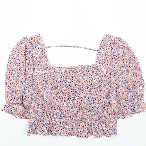Pieces Womens Pink Floral Polyester Cropped Blouse Size L Square Neck