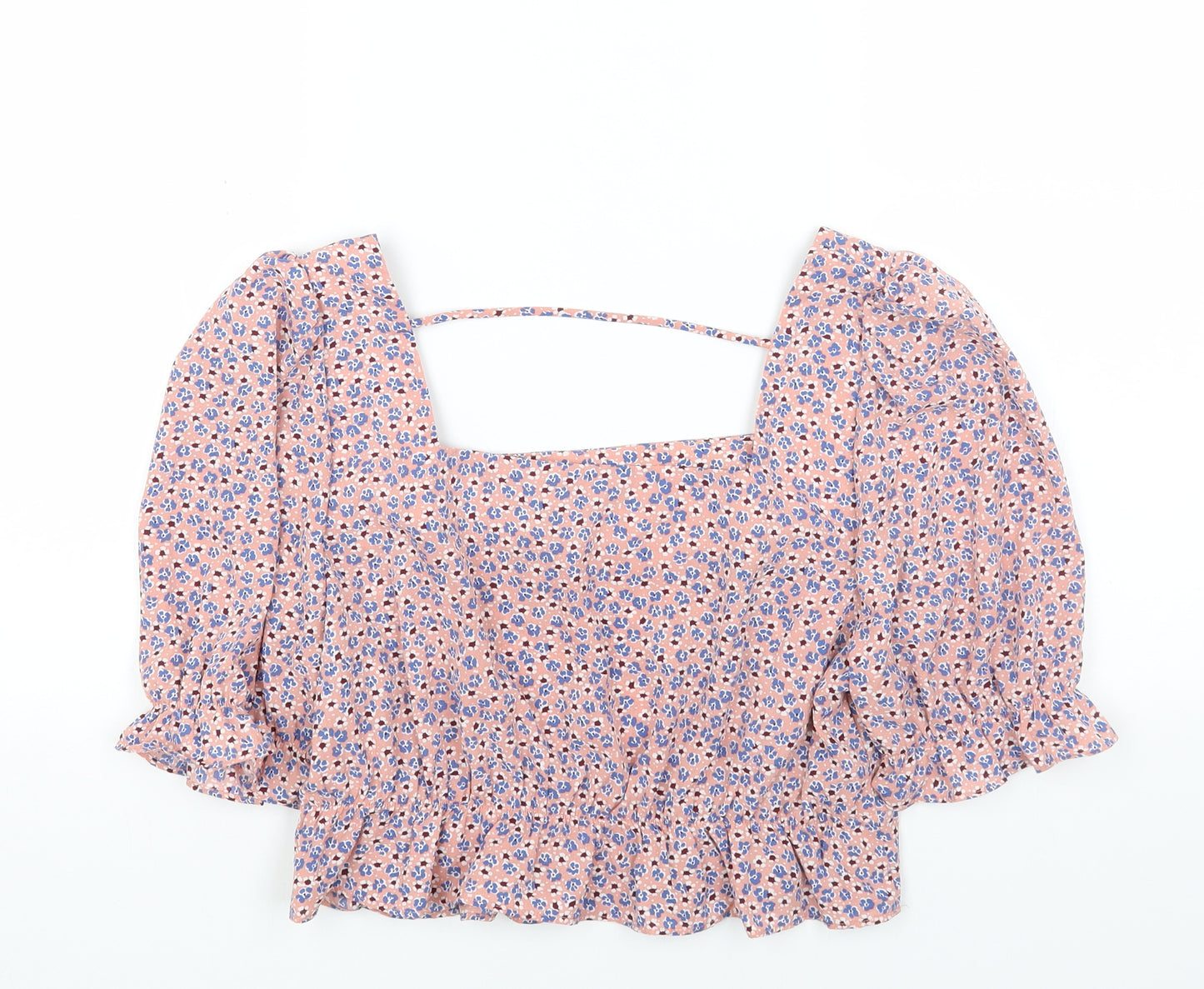 Pieces Womens Pink Floral Polyester Cropped Blouse Size L Square Neck
