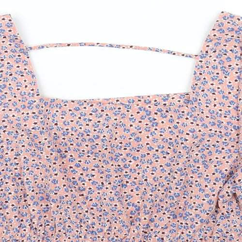 Pieces Womens Pink Floral Polyester Cropped Blouse Size L Square Neck