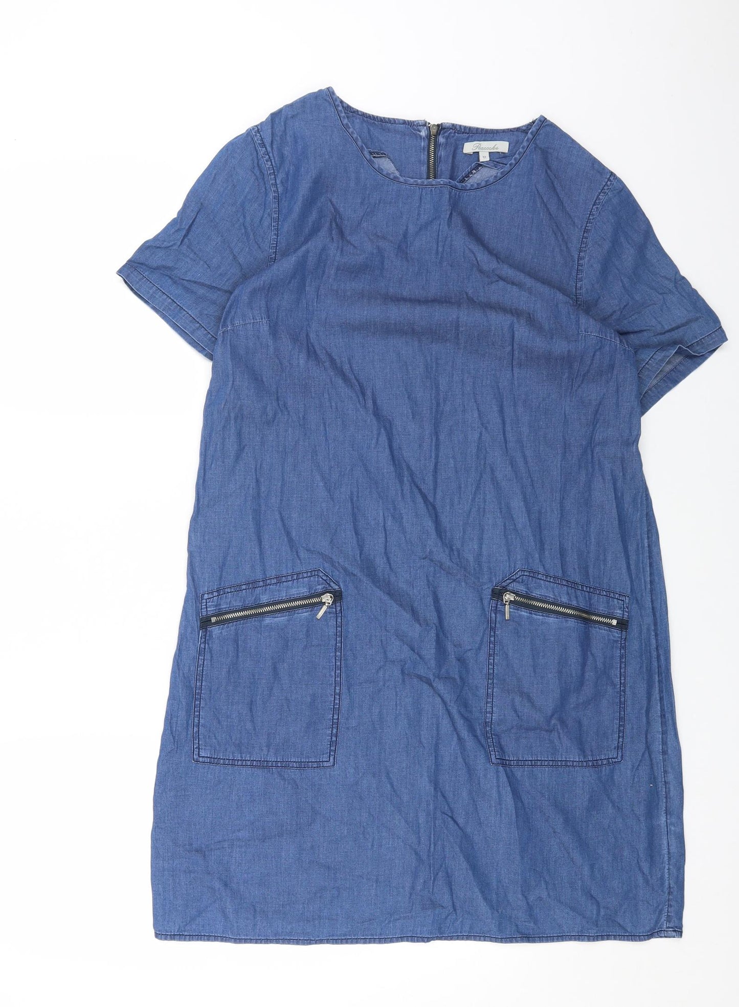 Peacocks Womens Blue Cotton Shift Size 12 Boat Neck Zip