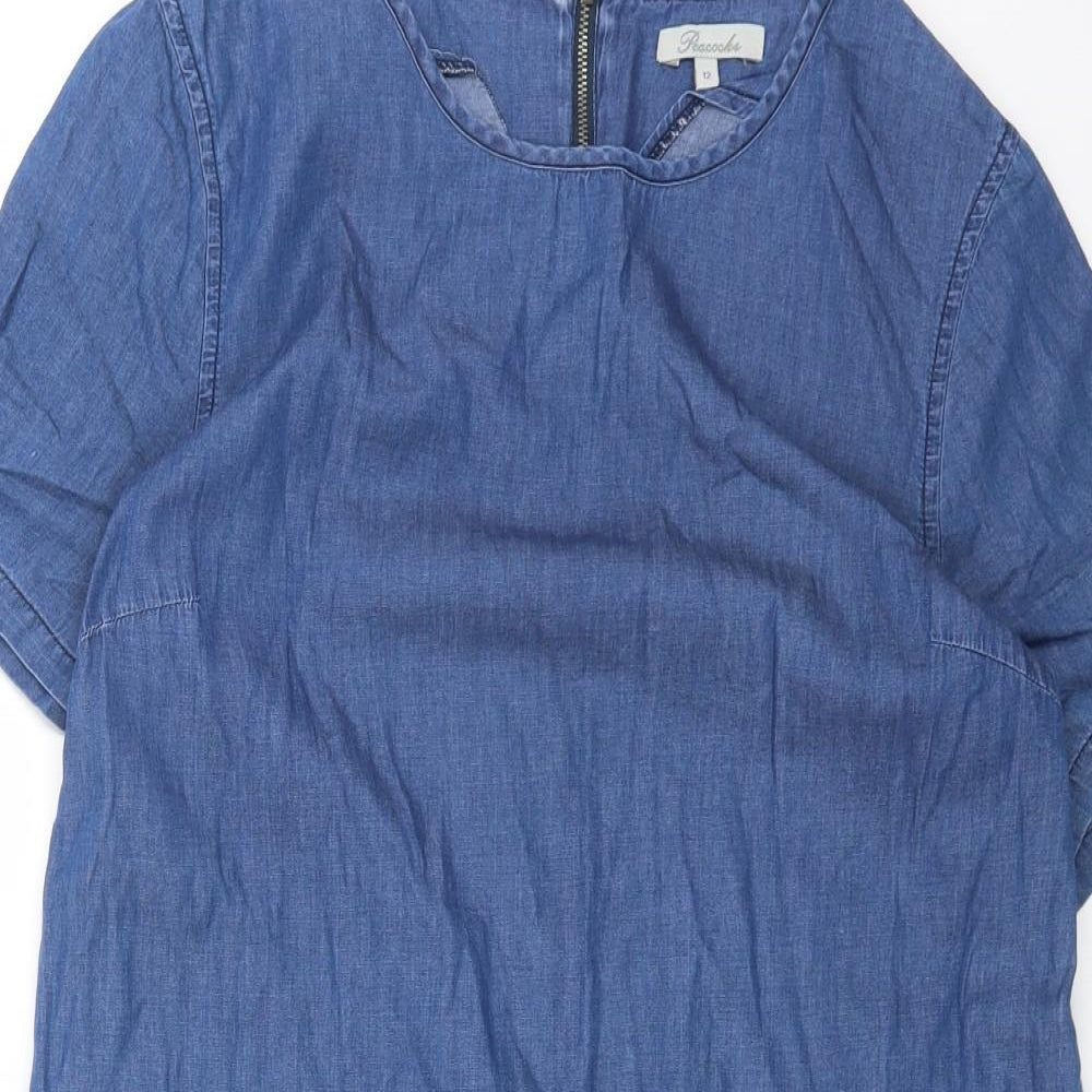 Peacocks Womens Blue Cotton Shift Size 12 Boat Neck Zip
