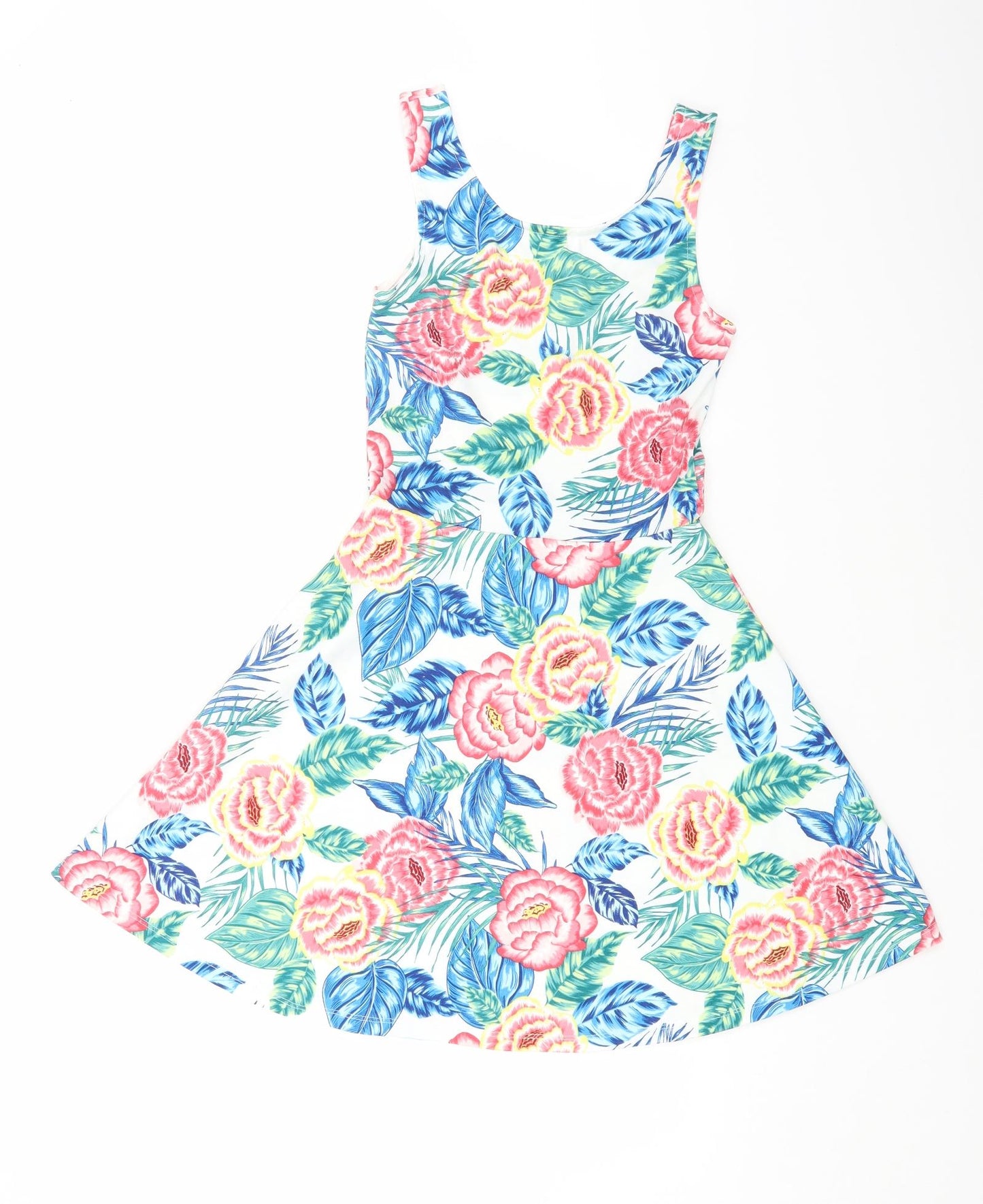 H&M Womens White Floral Polyester Skater Dress Size 8 Scoop Neck Pullover