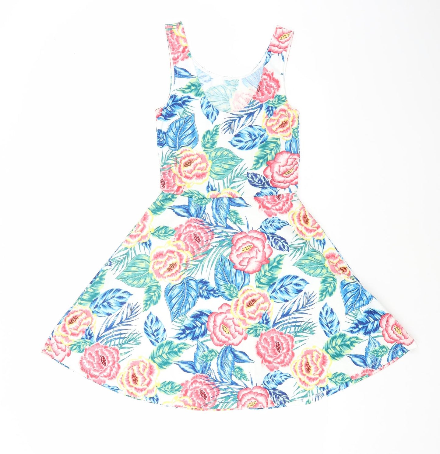 H&M Womens White Floral Polyester Skater Dress Size 8 Scoop Neck Pullover
