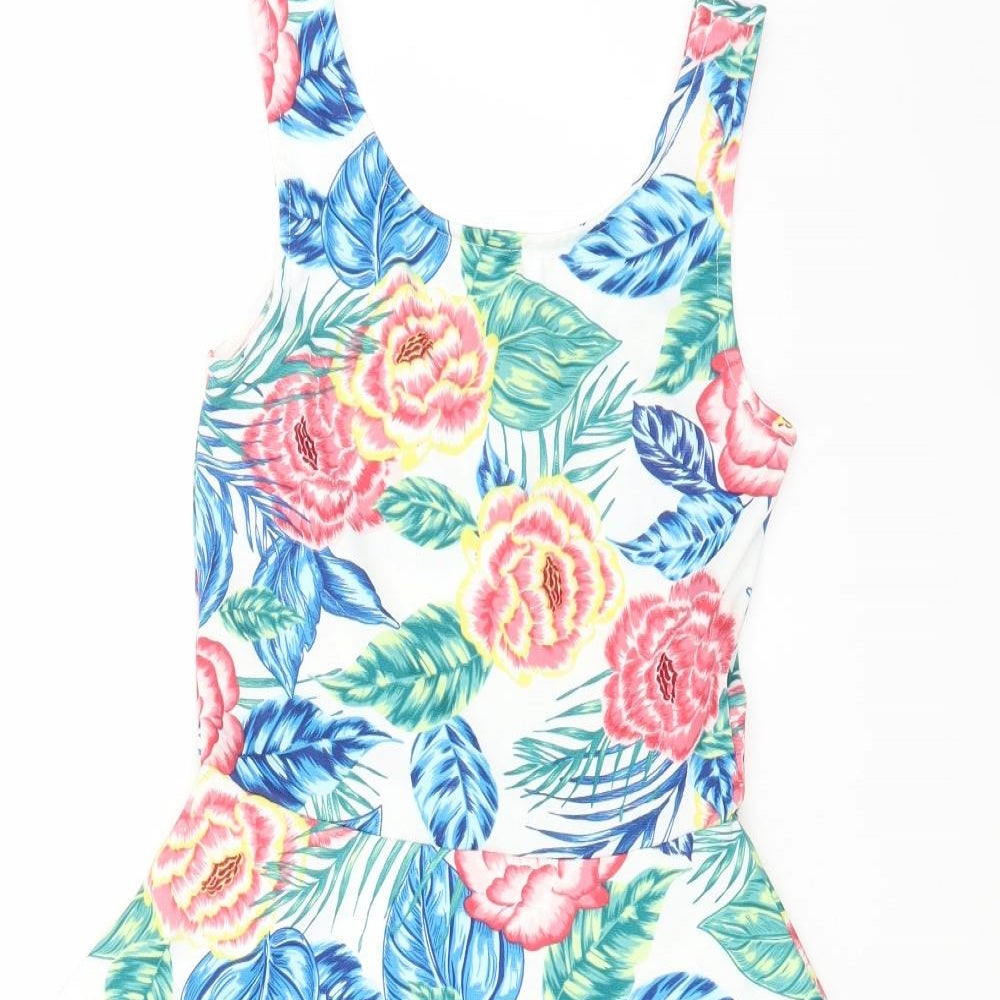 H&M Womens White Floral Polyester Skater Dress Size 8 Scoop Neck Pullover