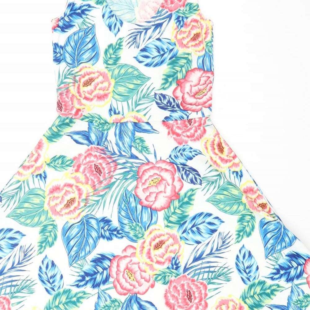 H&M Womens White Floral Polyester Skater Dress Size 8 Scoop Neck Pullover