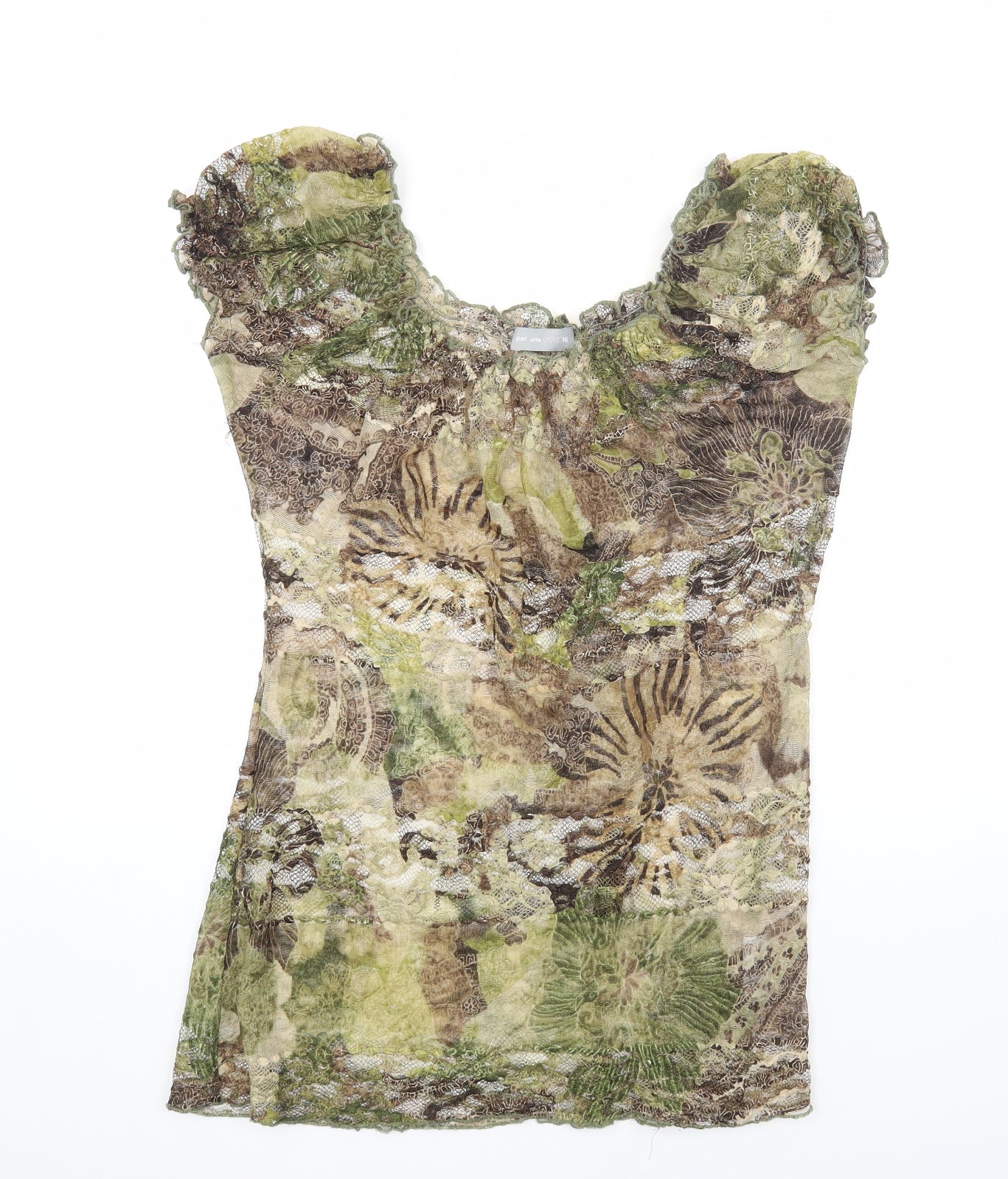 Per Una Womens Green Geometric Polyester Basic Blouse Size 16 Round Neck - Lace Detail