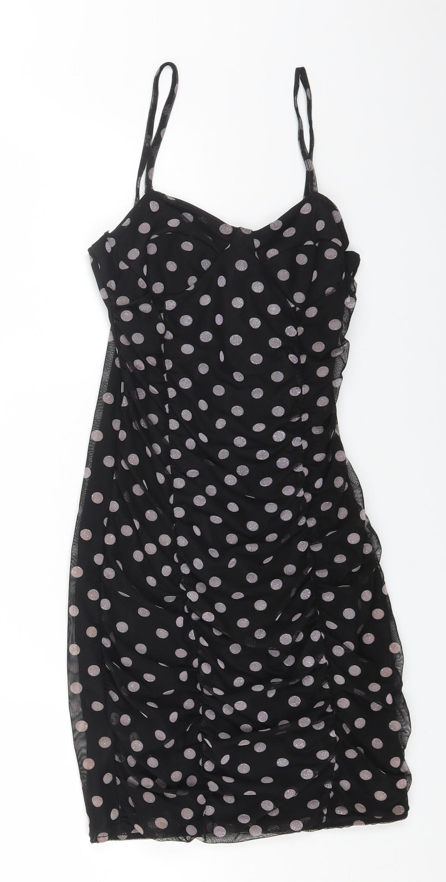 PRETTYLITTLETHING Womens Black Polka Dot Polyester Bodycon Size 6 V-Neck Pullover