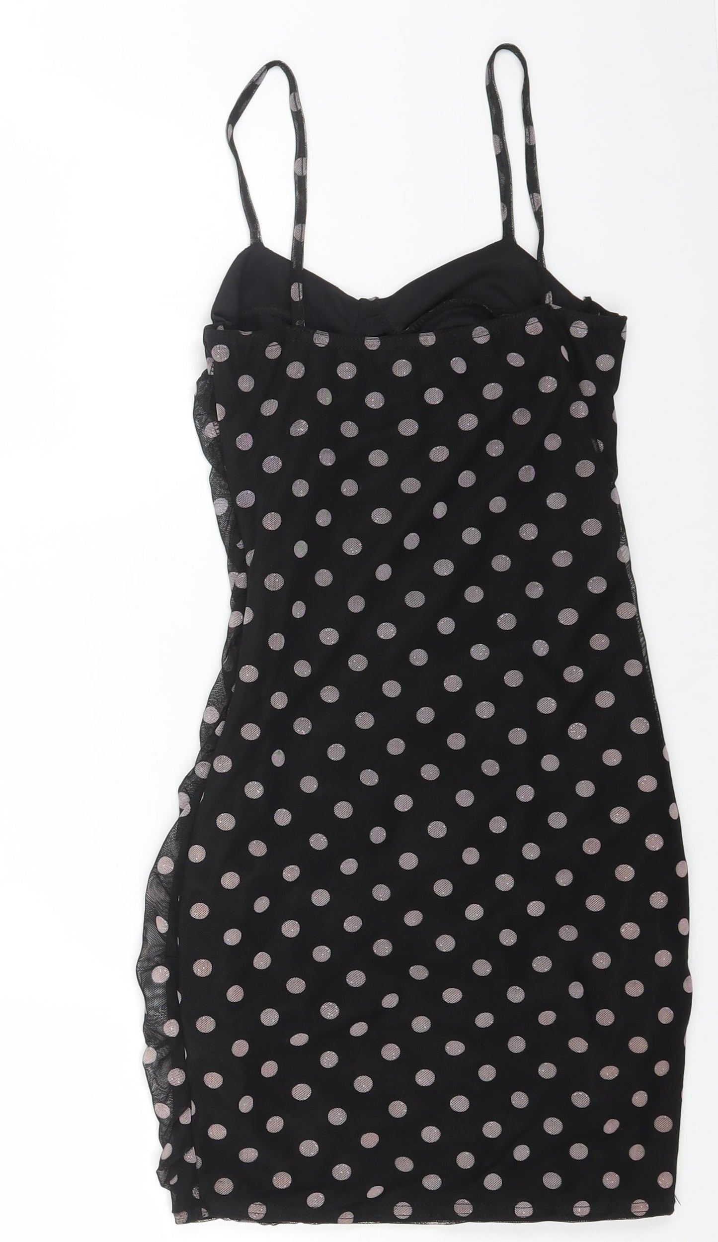 PRETTYLITTLETHING Womens Black Polka Dot Polyester Bodycon Size 6 V-Neck Pullover