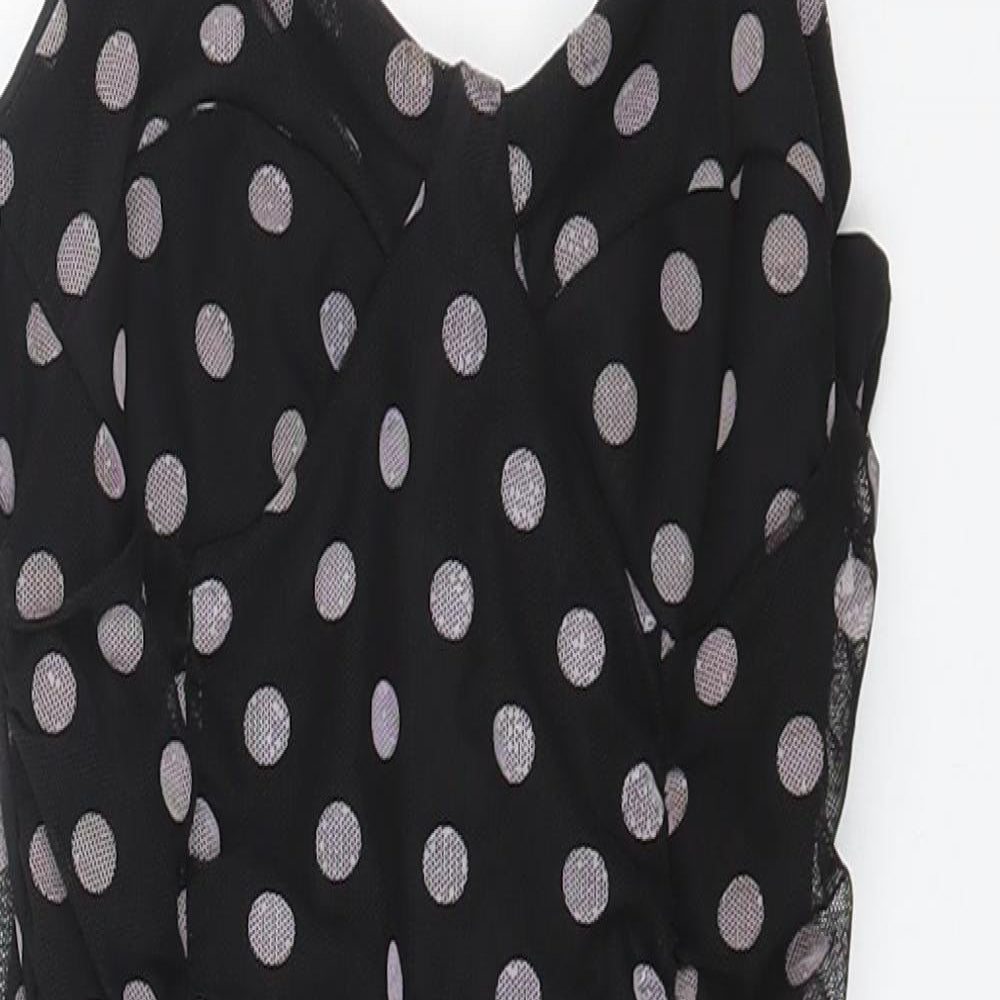 PRETTYLITTLETHING Womens Black Polka Dot Polyester Bodycon Size 6 V-Neck Pullover