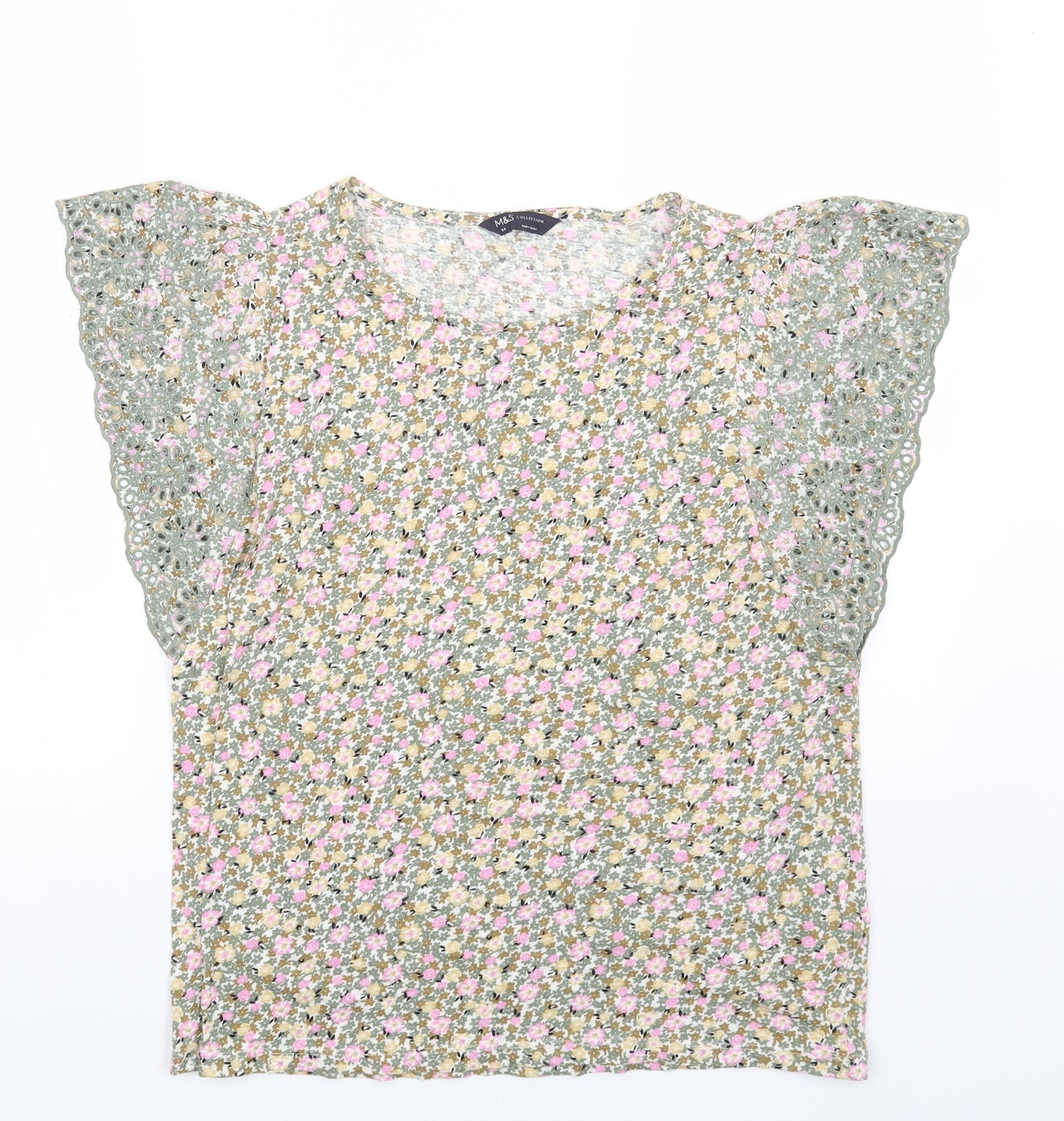 Marks and Spencer Womens Green Floral Cotton Basic T-Shirt Size 14 Round Neck