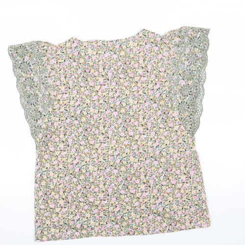 Marks and Spencer Womens Green Floral Cotton Basic T-Shirt Size 14 Round Neck