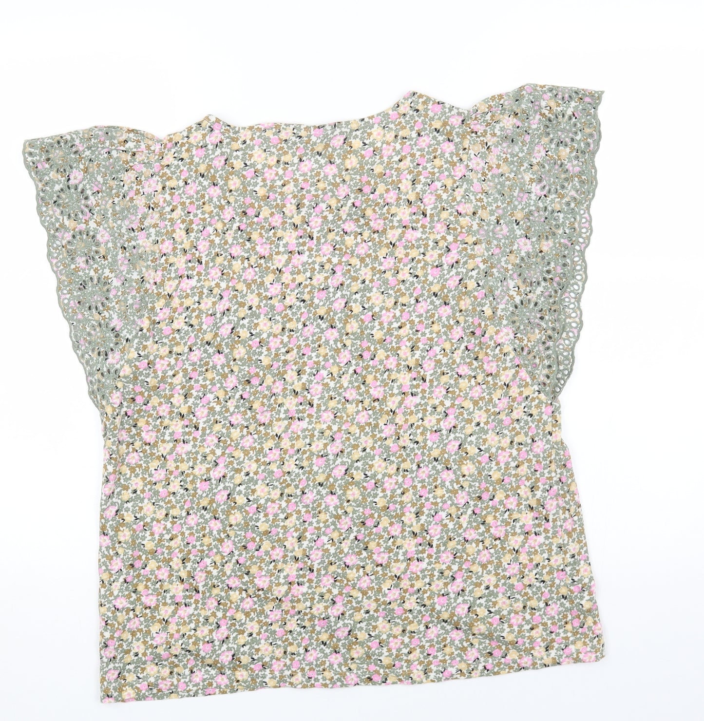 Marks and Spencer Womens Green Floral Cotton Basic T-Shirt Size 14 Round Neck