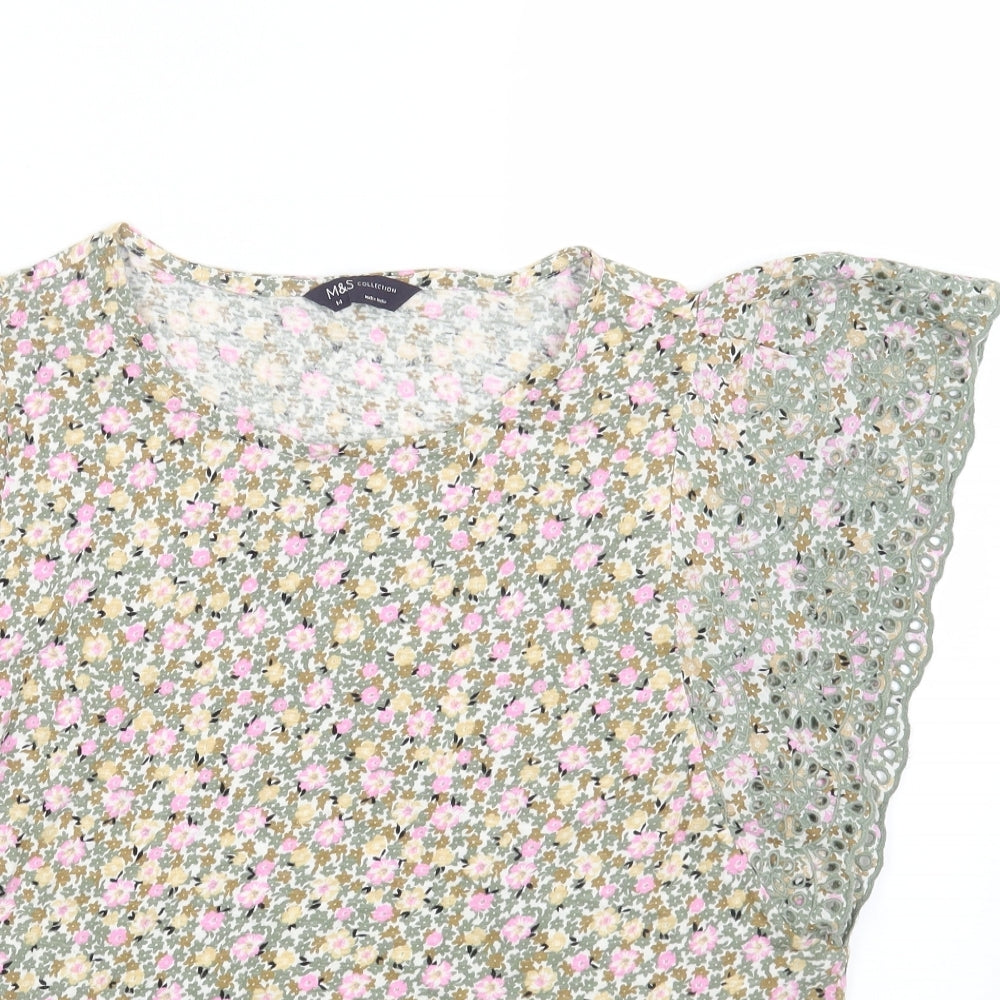 Marks and Spencer Womens Green Floral Cotton Basic T-Shirt Size 14 Round Neck