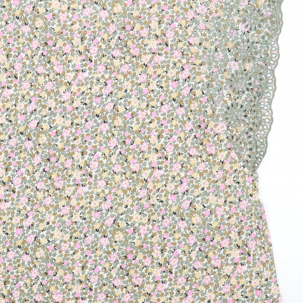 Marks and Spencer Womens Green Floral Cotton Basic T-Shirt Size 14 Round Neck
