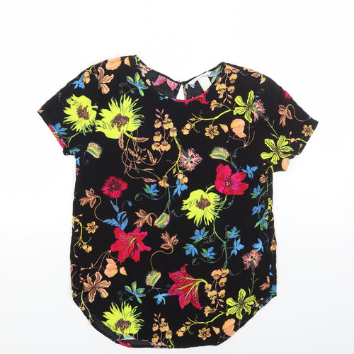 H&M Womens Black Floral Viscose Basic Blouse Size 6 Round Neck