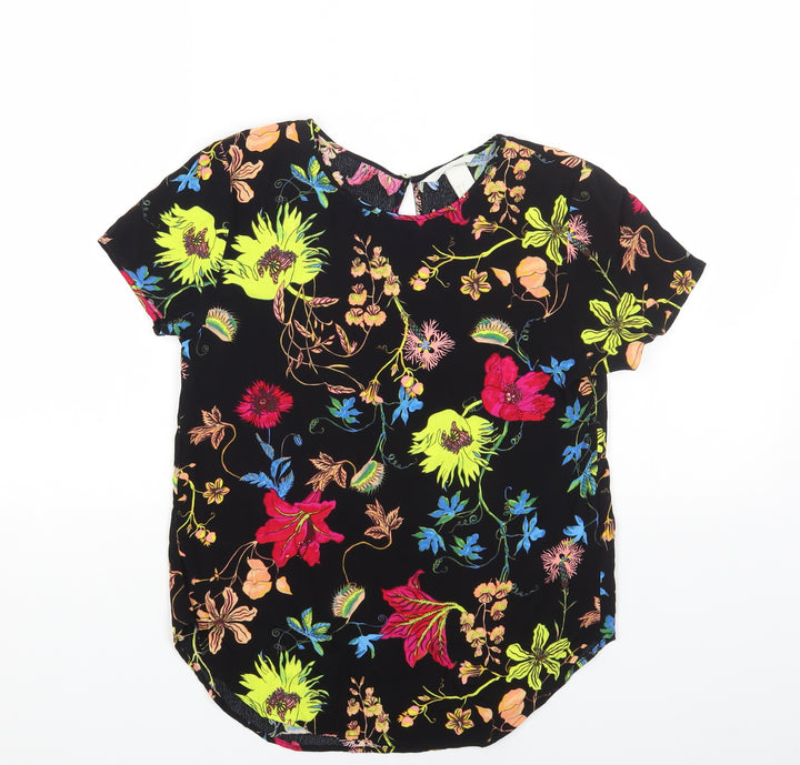 H&M Womens Black Floral Viscose Basic Blouse Size 6 Round Neck
