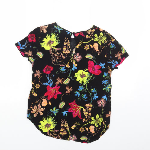 H&M Womens Black Floral Viscose Basic Blouse Size 6 Round Neck