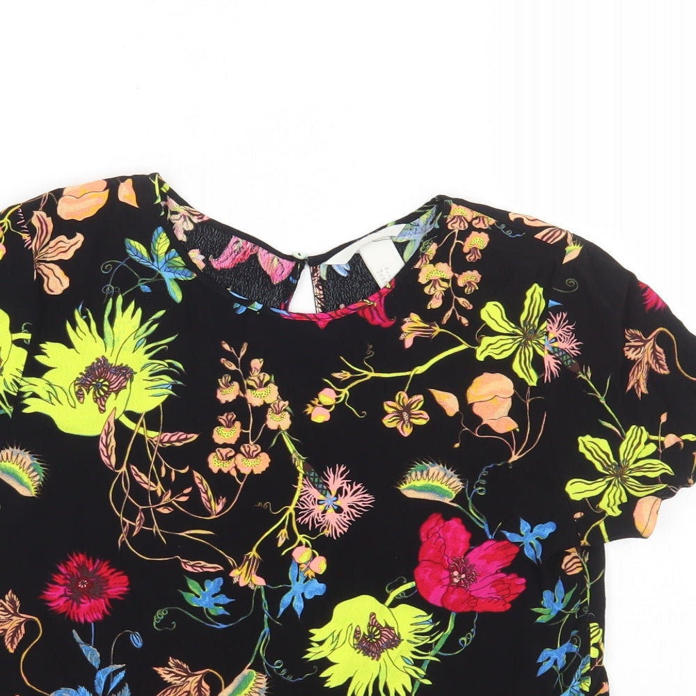 H&M Womens Black Floral Viscose Basic Blouse Size 6 Round Neck