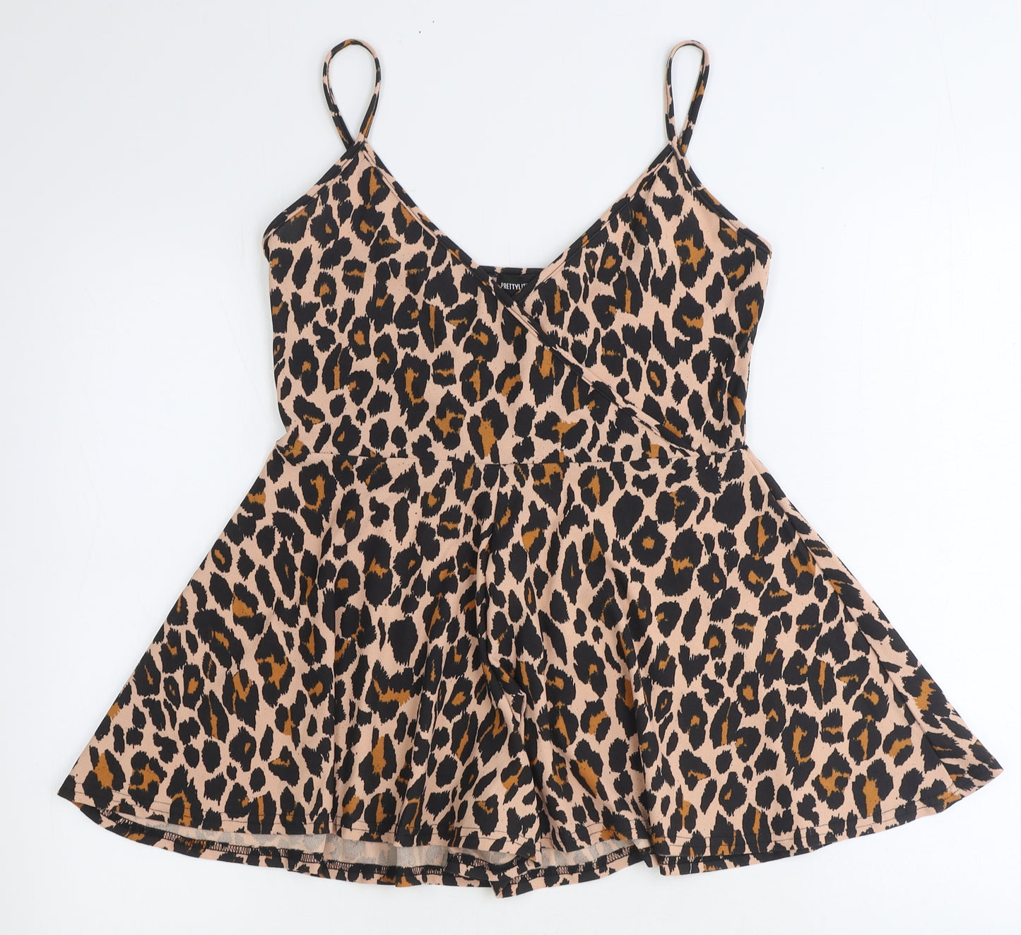 PRETTYLITTLETHING Womens Brown Animal Print Polyester Playsuit One-Piece Size 10 Pullover