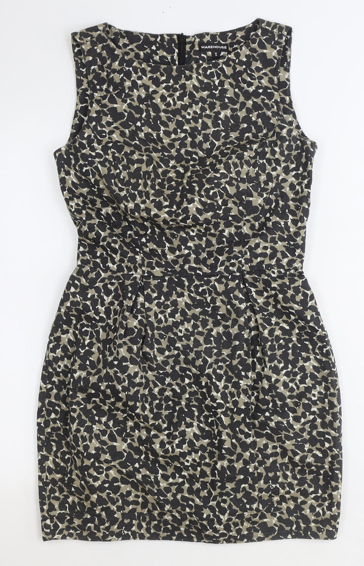 Warehouse Womens Brown Animal Print Cotton Pencil Dress Size 10 Boat Neck Zip