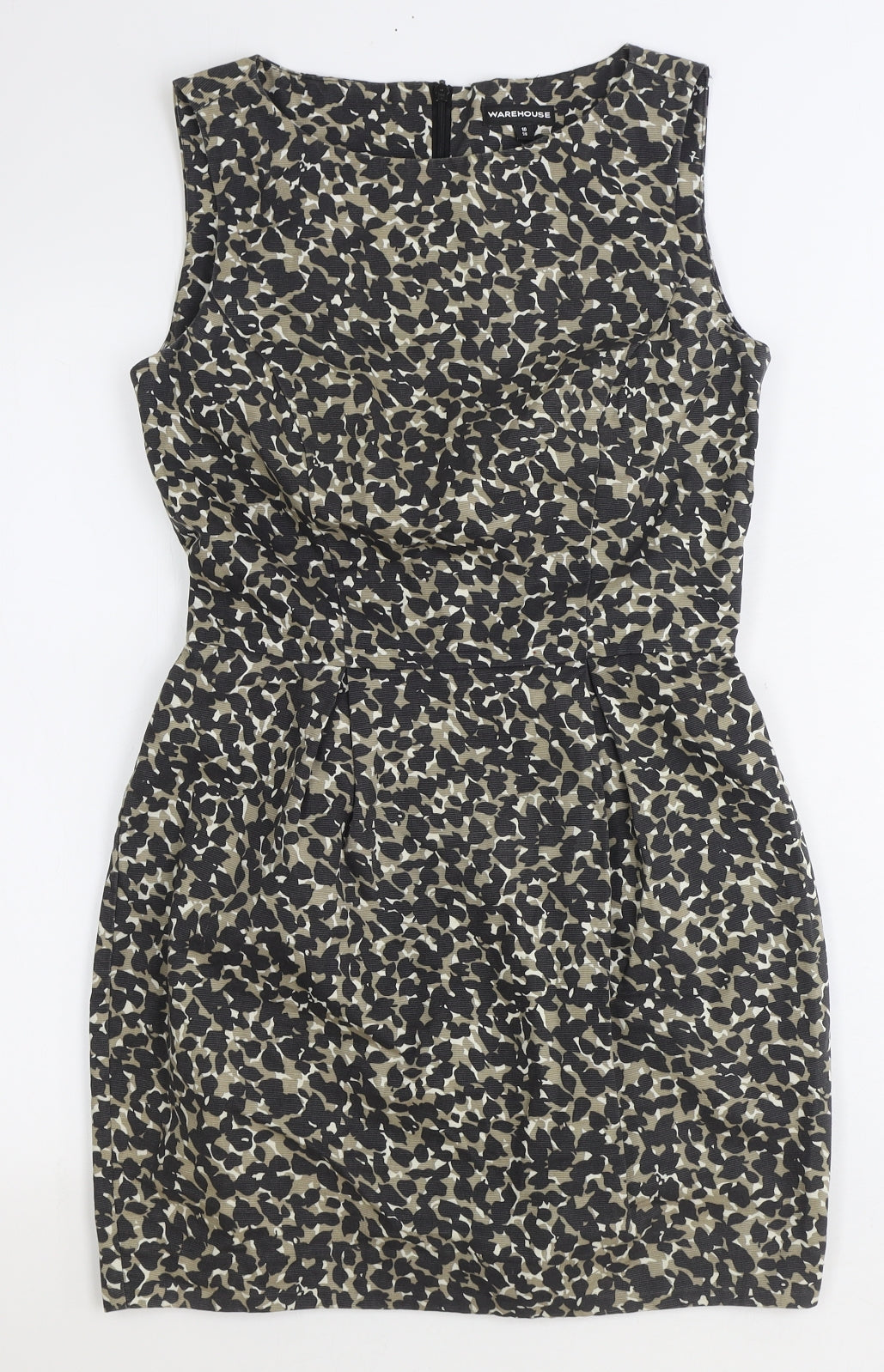 Warehouse Womens Brown Animal Print Cotton Pencil Dress Size 10 Boat Neck Zip