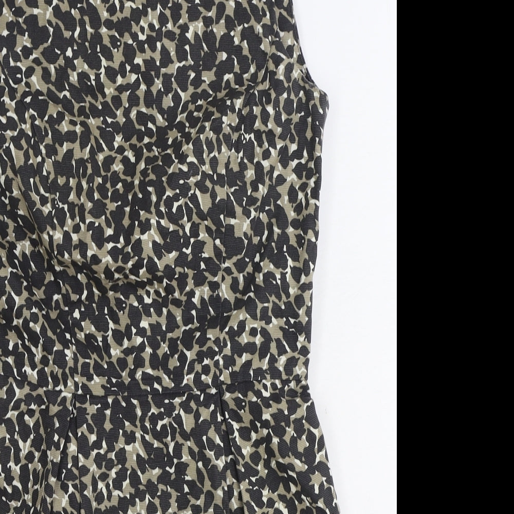 Warehouse Womens Brown Animal Print Cotton Pencil Dress Size 10 Boat Neck Zip