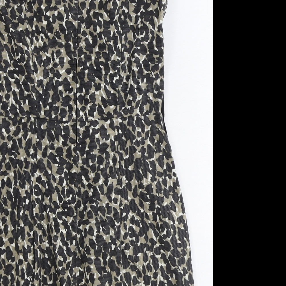 Warehouse Womens Brown Animal Print Cotton Pencil Dress Size 10 Boat Neck Zip