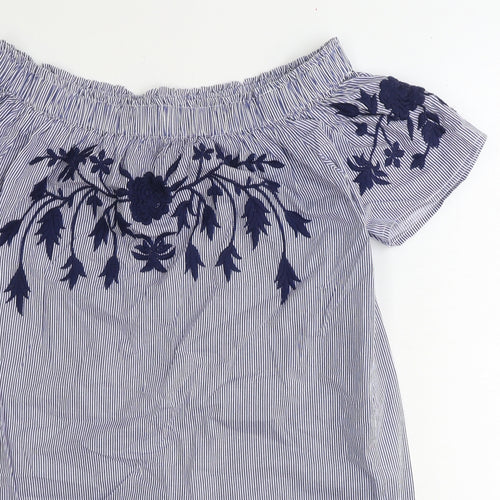 Select Womens Blue Striped 100% Cotton Mini Size 12 Off the Shoulder Pullover